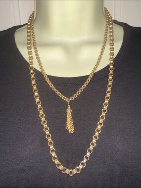 Vintage Mid Century Gold-Tone Two Layer Chain Necklace with Tassel Pendant